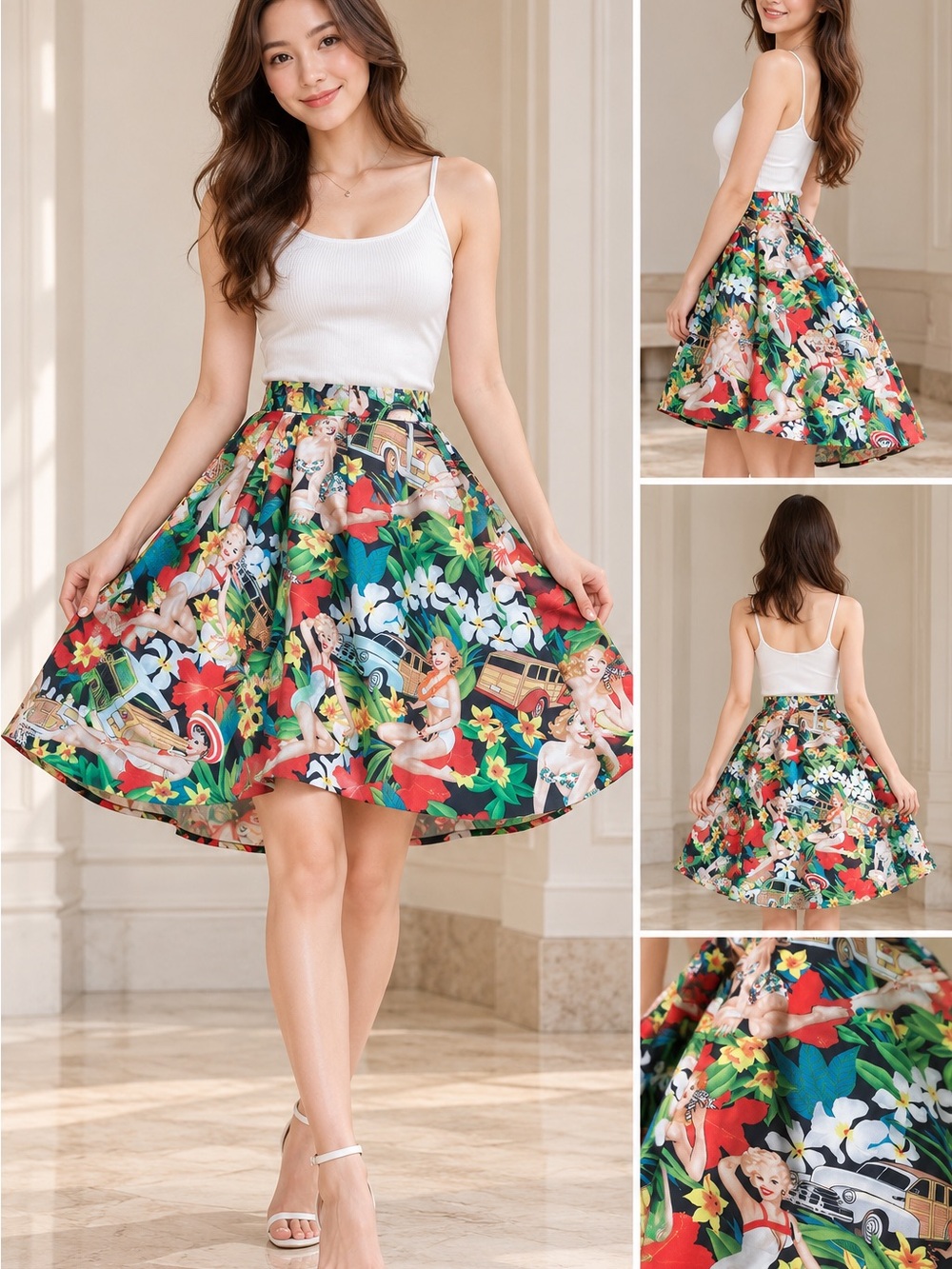 Vintage-Inspired Floral A-Line Skirt in Multi-Color